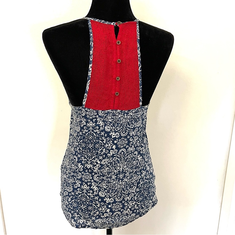 Lucky Brand Blue Paisley Red Crochet Boho Tank Top XS